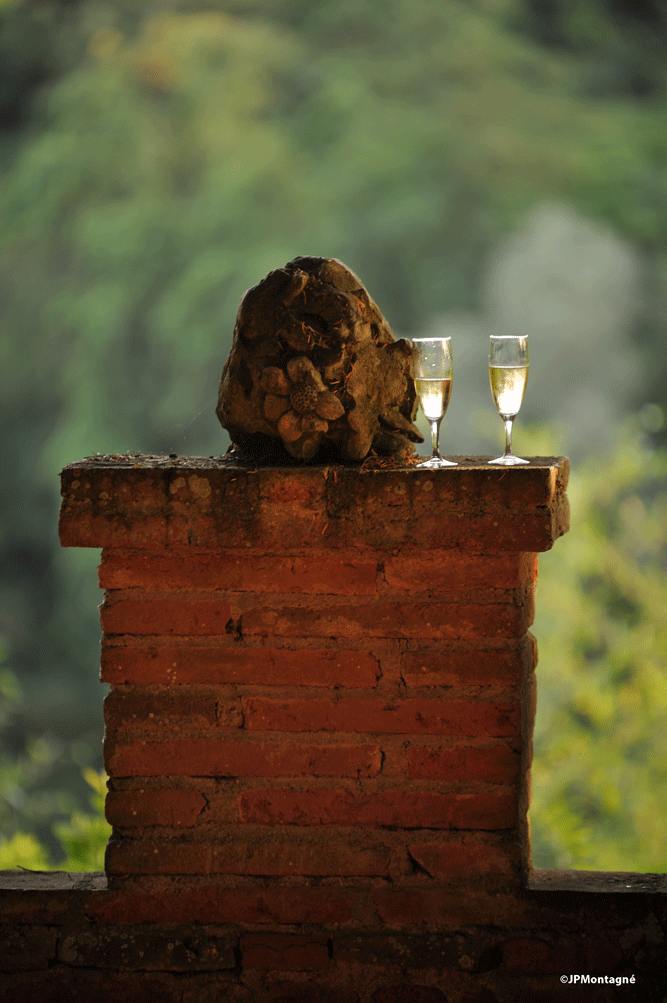 Deux coupes de champagne posées sur le rebord de la terrasse